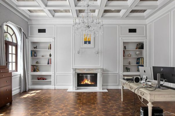 Chandelier, Fireplace, Home Office, Interior