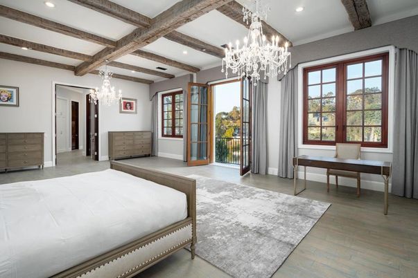 Bedroom, Chandelier, Interior, Recessed Lighting, Wooden Beams, Wood Texture Flooring