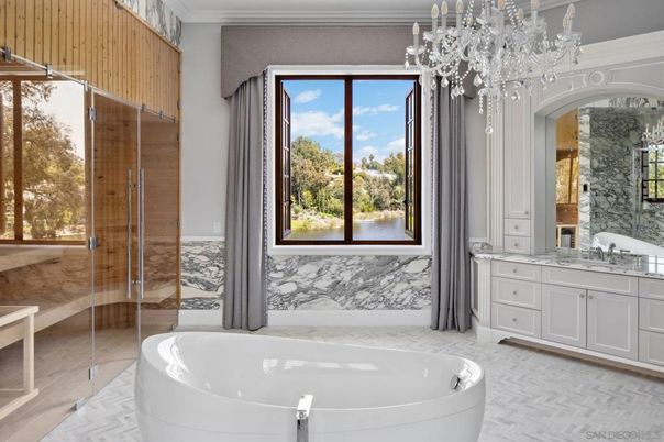 Bathroom, Chandelier, Free Standing Baths, Interior, Wood Texture Flooring