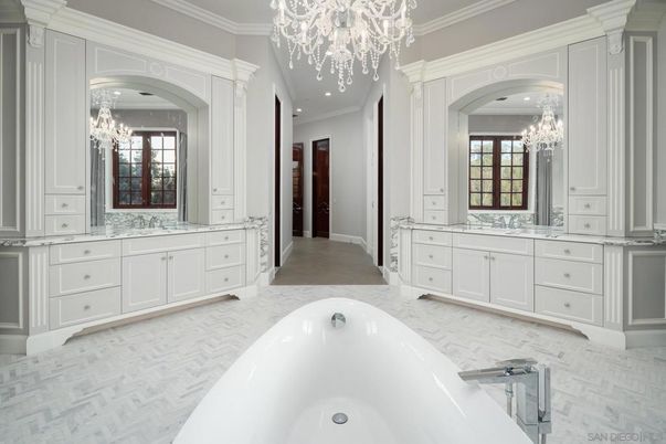 Bathroom, Chandelier, Dual Sink Vanities, Interior, Marble, Recessed Lighting, Wood Texture Flooring