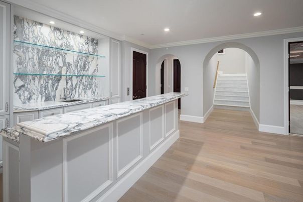 Interior, Marble Walls, Recessed Lighting, Wood Texture Flooring