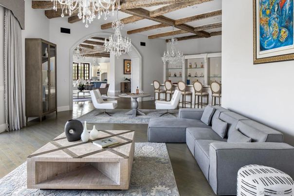 Chandelier, Dining room, Interior, Living room, Wooden Beams, Wood Texture Flooring