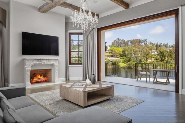 Chandelier, Fireplace, Interior, Living room, Recessed Lighting, Wooden Beams, Wood Texture Flooring