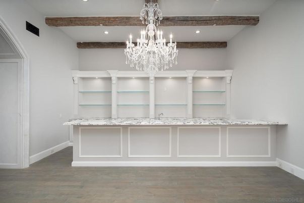 Chandelier, Interior, Recessed Lighting, Wooden Beams, Wood Texture Flooring
