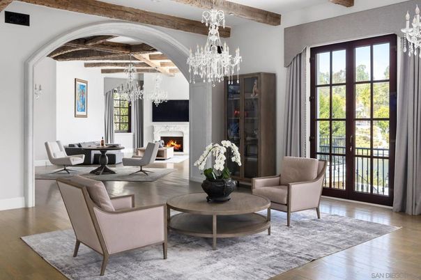 Chandelier, Dining room, Fireplace, Interior, Living room, Wooden Beams, Wood Texture Flooring