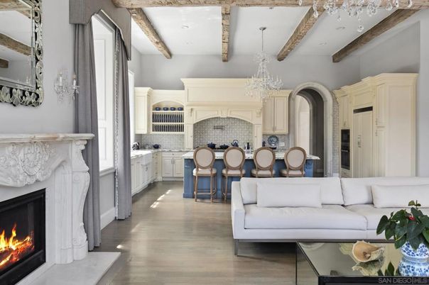 Chandelier, Fireplace, Interior, Kitchen, Living room, Recessed Lighting, Wooden Beams, Wood Texture Flooring