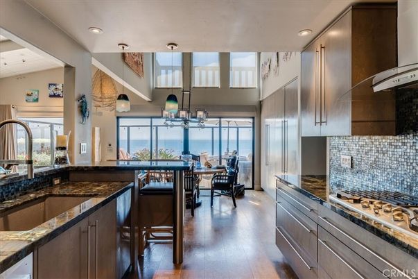 Dining room, Interior, Kitchen, Pendant Lights, Recessed Lighting, Water, Wood Texture Flooring
