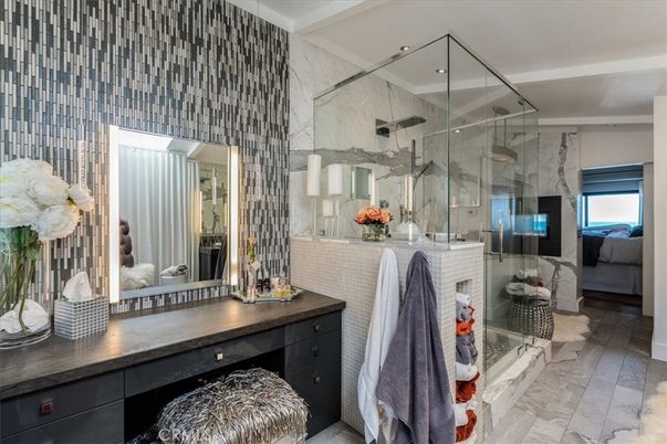 Bathroom, Bedroom, Glass Shower, Interior, Marble, Marble Walls, Recessed Lighting