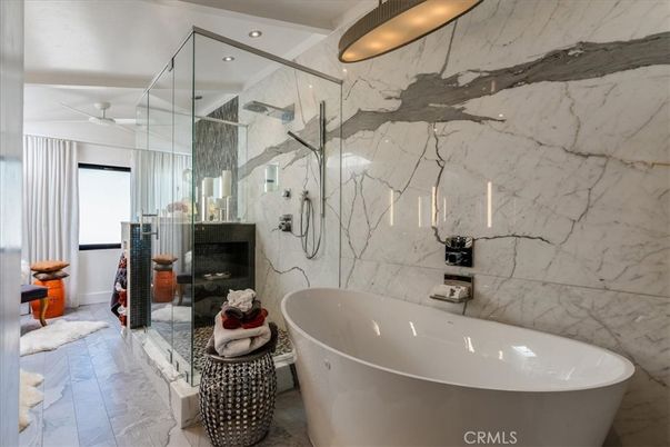 Bathroom, Free Standing Baths, Glass Shower, Interior, Marble, Marble Walls, Recessed Lighting