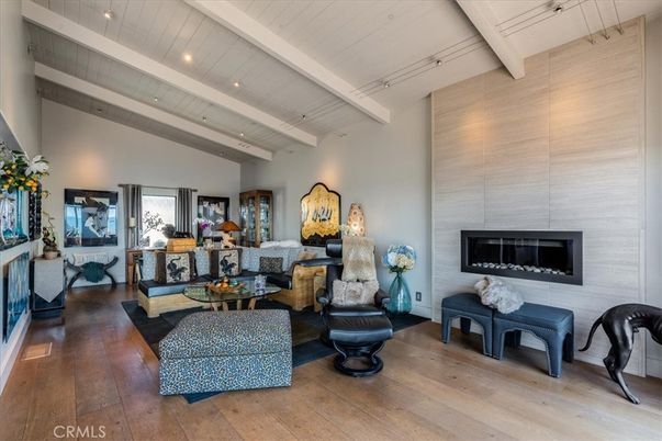 Fireplace, Interior, Living room, Recessed Lighting, Wooden Beams, Wood Texture Flooring