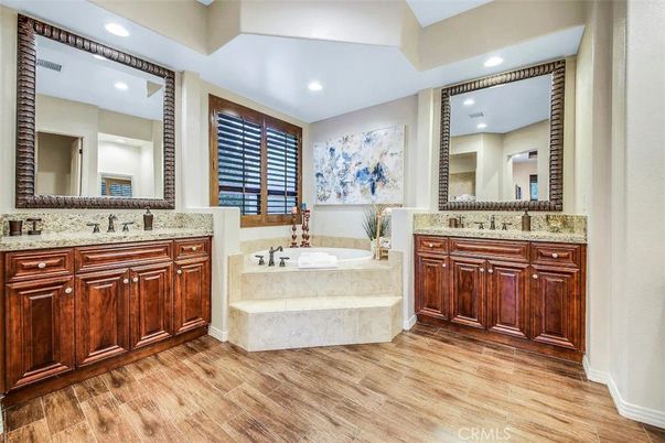 Bathroom, Dual Sink Vanities, Interior, Recessed Lighting, Wood Texture Flooring