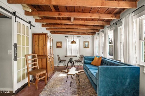 Dining room, Interior, Living room, Pendant Lights, Wooden Beams, Wooden Ceilings, Wood Texture Flooring