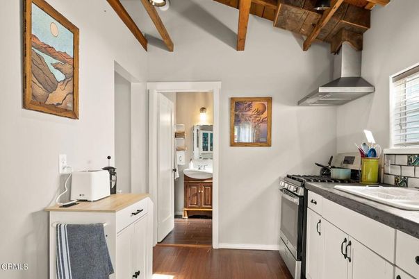 Interior, Kitchen, Tile Countertops, Wooden Beams, Wood Texture Flooring