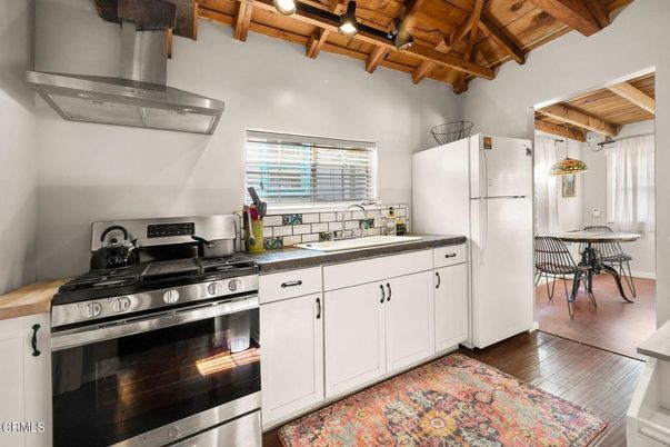 Dining room, Interior, Kitchen, Stainless Steel Appliances, Wooden Beams, Wooden Ceilings, Wood Texture Flooring