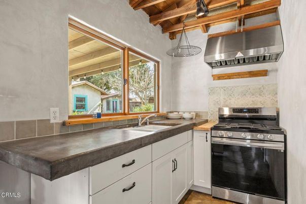 Interior, Kitchen, Pendant Lights, Stainless Steel Appliances, Wooden Beams, Wooden Ceilings, Wood Texture Flooring