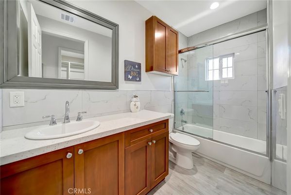 Bathroom, Glass Shower, Interior, Marble Walls, Recessed Lighting, Wood Texture Flooring