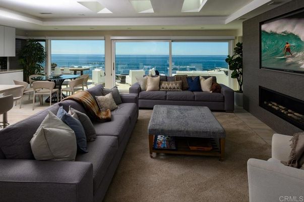 Dining room, Fireplace, Interior, Living room, Recessed Lighting, Water