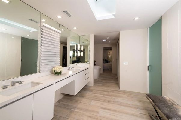 Bathroom, Dual Sink Vanities, Interior, Recessed Lighting, Wood Texture Flooring