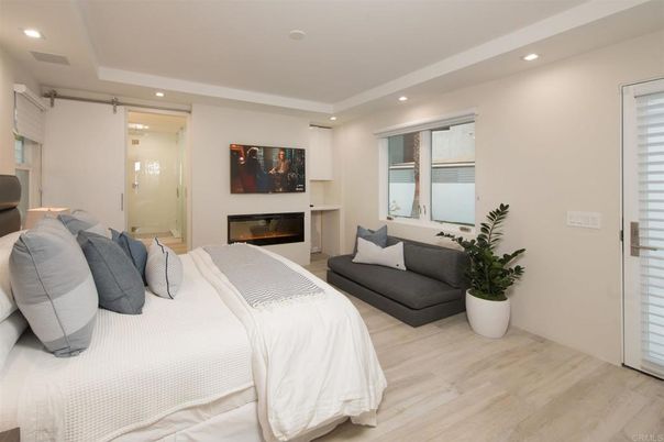 Bedroom, Fireplace, Interior, Recessed Lighting, Wood Texture Flooring