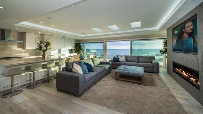 Fireplace, Interior, Living room, Recessed Lighting, Water, Wood Texture Flooring