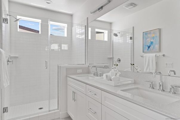 Bathroom, Dual Sink Vanities, Glass Shower, Interior, Recessed Lighting