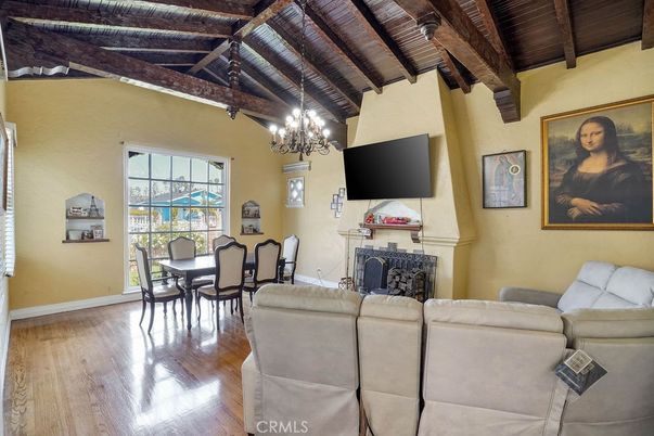 Chandelier, Dining room, Fireplace, Interior, Living room, Wooden Beams, Wooden Ceilings, Wood Texture Flooring