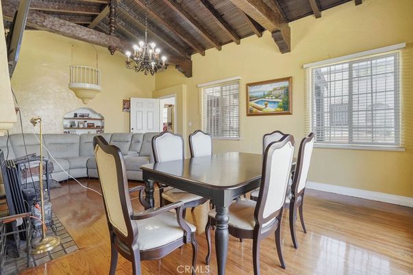Chandelier, Dining room, Interior, Wooden Beams, Wooden Ceilings, Wood Texture Flooring