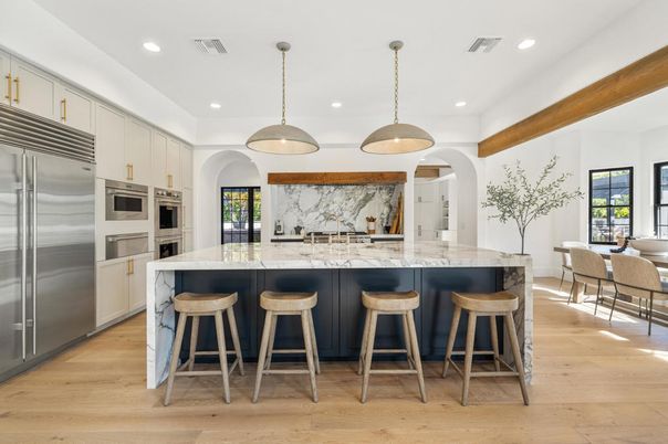 Interior, Kitchen, Marble Walls, Pendant Lights, Recessed Lighting, Stainless Steel Appliances, Wooden Beams, Wood Texture Flooring