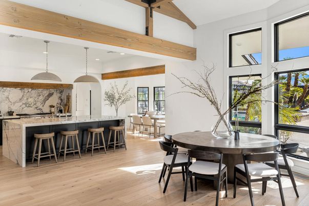 Dining room, Interior, Kitchen, Pendant Lights, Recessed Lighting, Wooden Beams, Wood Texture Flooring