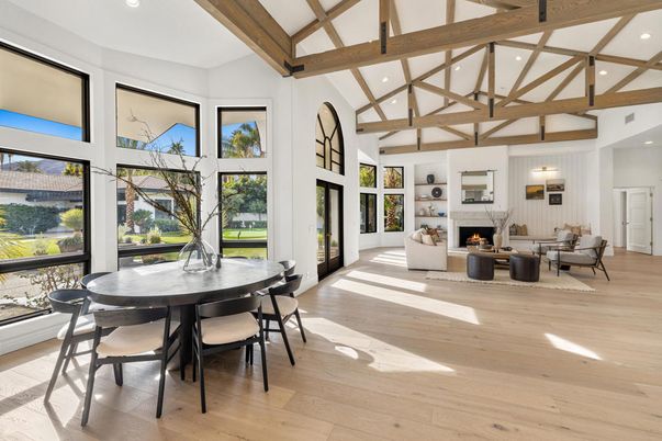Dining room, Fireplace, Interior, Living room, Pendant Lights, Recessed Lighting, Wooden Beams, Wood Texture Flooring