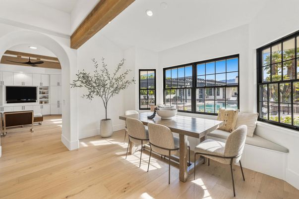 Dining room, Interior, Recessed Lighting, Wooden Beams, Wood Texture Flooring