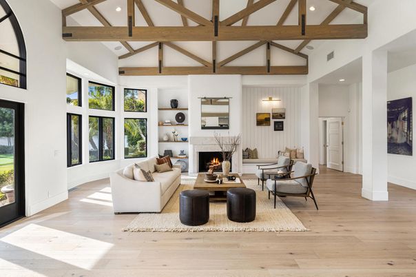 Fireplace, Interior, Living room, Recessed Lighting, Wooden Beams, Wood Texture Flooring