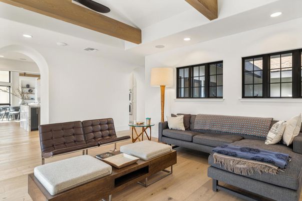 Interior, Living room, Recessed Lighting, Wooden Beams, Wood Texture Flooring
