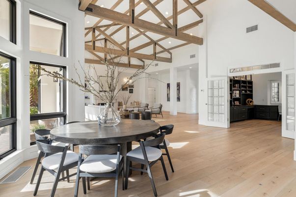 Dining room, Interior, Recessed Lighting, Wooden Beams, Wood Texture Flooring