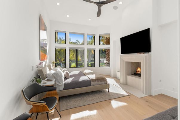 Bedroom, Fireplace, Interior, Recessed Lighting, Wood Texture Flooring