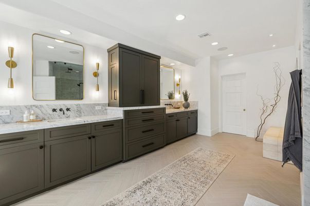 Bathroom, Dual Sink Vanities, Interior, Recessed Lighting, Wood Texture Flooring