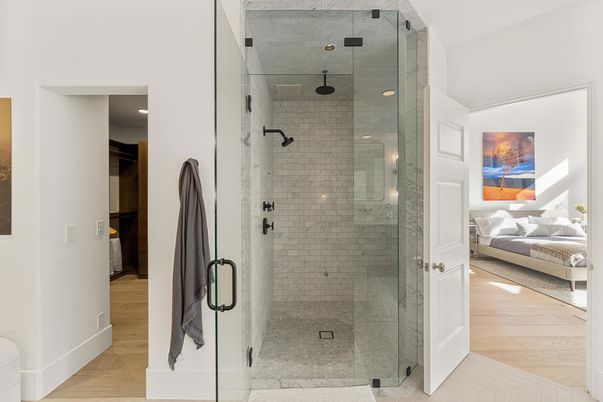 Bathroom, Bedroom, Glass Shower, Interior, Wood Texture Flooring