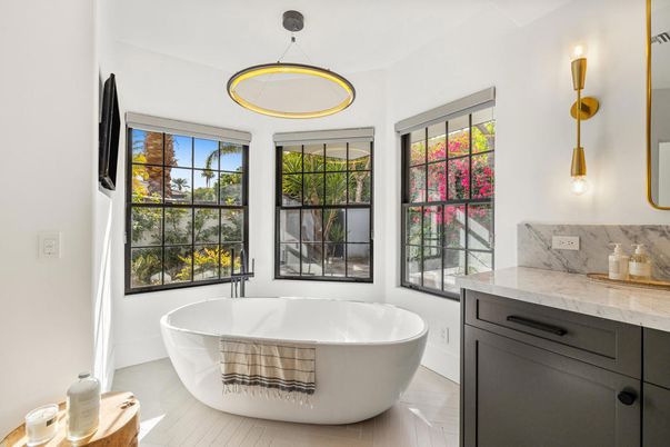 Bathroom, Free Standing Baths, Interior, Marble Walls, Pendant Lights