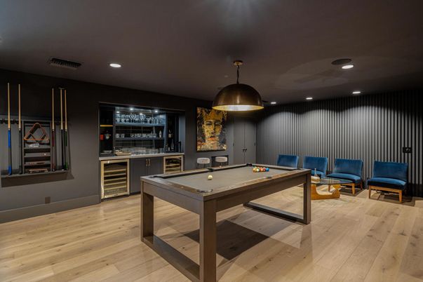 Billiard Table, Game Room, Interior, Pendant Lights, Recessed Lighting, Wood Texture Flooring