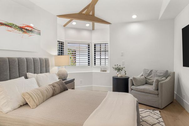 Bedroom, Interior, Recessed Lighting, Wooden Beams, Wood Texture Flooring