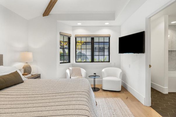 Bedroom, Interior, Recessed Lighting, Water, Wooden Beams, Wood Texture Flooring