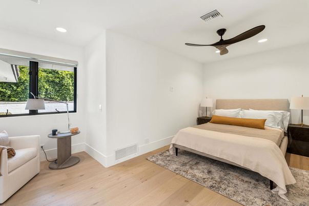 Bedroom, Interior, Recessed Lighting, Wood Texture Flooring
