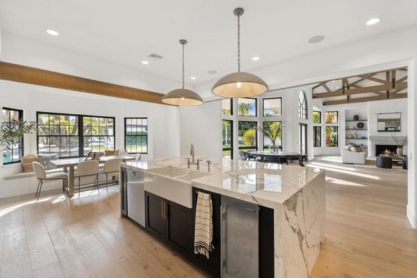 Dining room, Fireplace, Interior, Kitchen, Living room, Pendant Lights, Recessed Lighting, Wooden Beams, Wood Texture Flooring