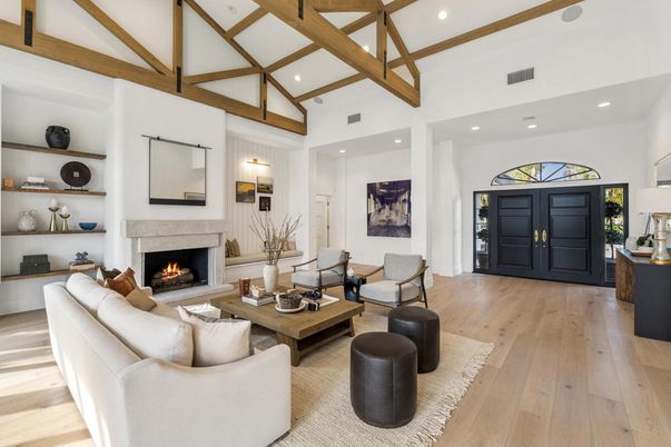 Fireplace, Interior, Living room, Pendant Lights, Recessed Lighting, Wooden Beams, Wood Texture Flooring