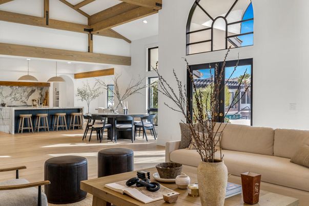 Dining room, Interior, Living room, Pendant Lights, Recessed Lighting, Wooden Beams, Wood Texture Flooring