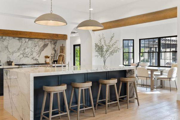 Dining room, Interior, Kitchen, Marble Walls, Pendant Lights, Wooden Beams, Wood Texture Flooring
