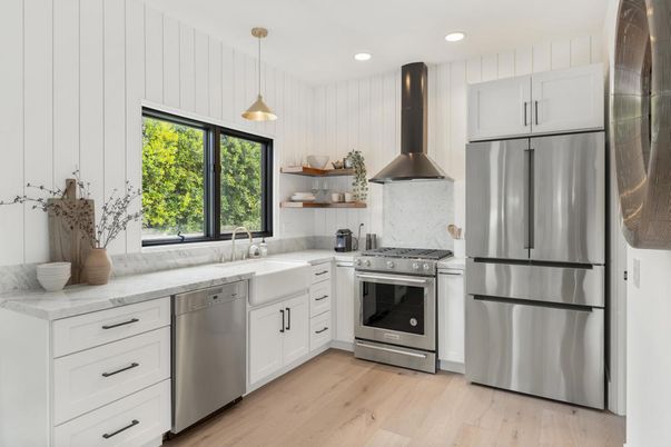 Interior, Kitchen, Pendant Lights, Recessed Lighting, Stainless Steel Appliances, Wood Texture Flooring