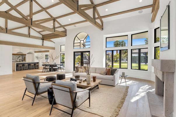 Dining room, Fireplace, Interior, Living room, Pendant Lights, Recessed Lighting, Wooden Beams, Wood Texture Flooring