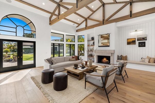 Fireplace, Interior, Living room, Recessed Lighting, Wooden Beams, Wood Texture Flooring