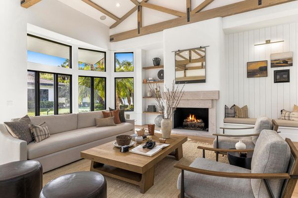 Fireplace, Interior, Living room, Recessed Lighting, Wooden Beams